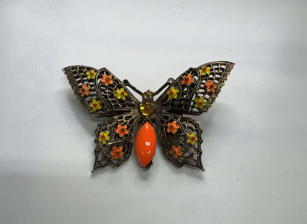 Vintage ART Arthur Pepper Butterfly Brooch Orange Yellow Enamel Flowers 1960s